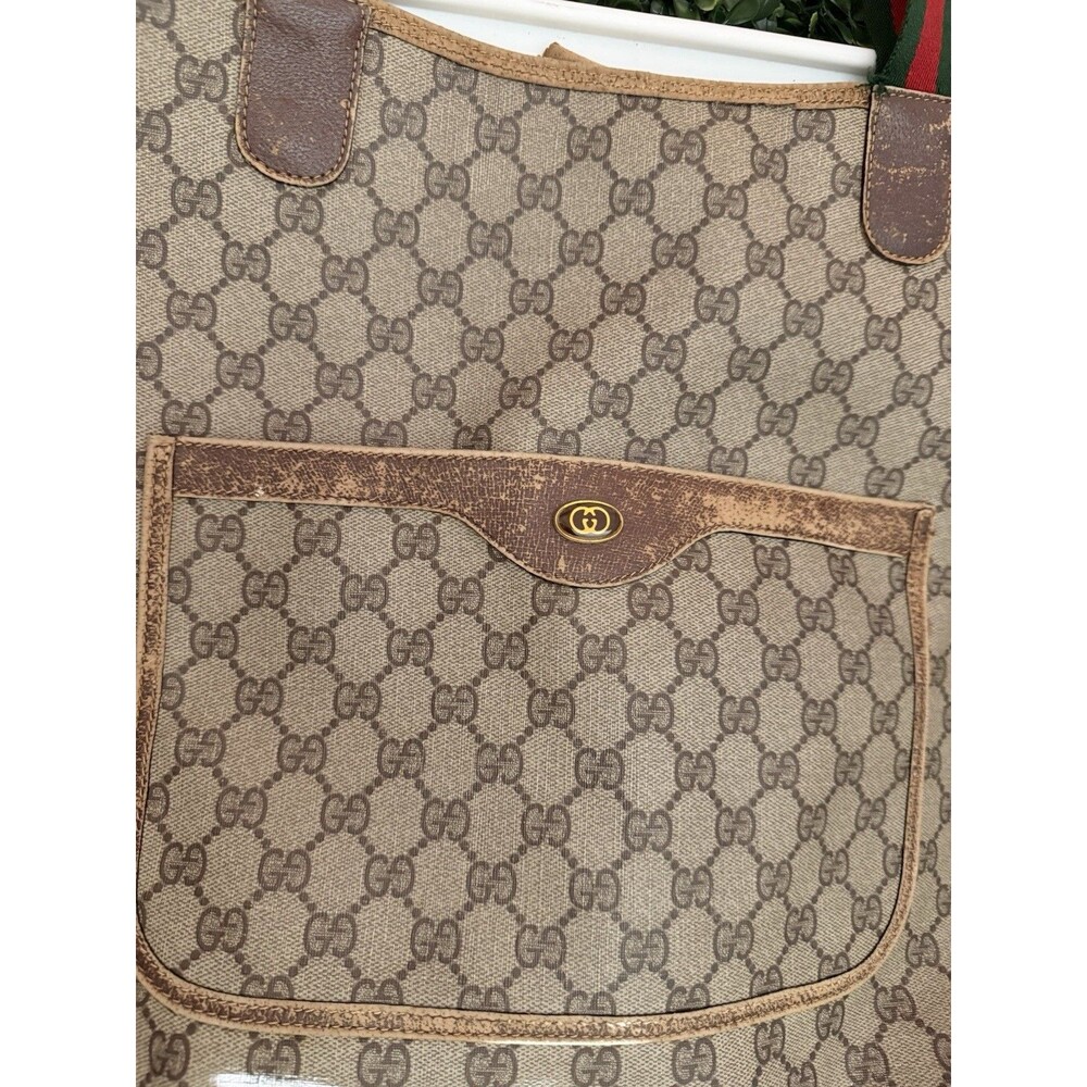 Gucci Vintage GG Monogram Canvas Tote Bag Green Red Web Straps - Brown Logo - Picture 4 of 11